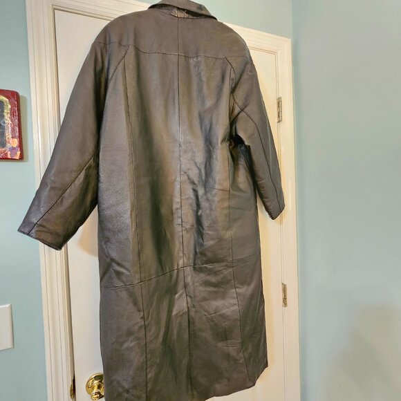 VTG MED Classic Laura Winston Black Leather Women's Button Up Long Trench Coat - Picture 11 of 16